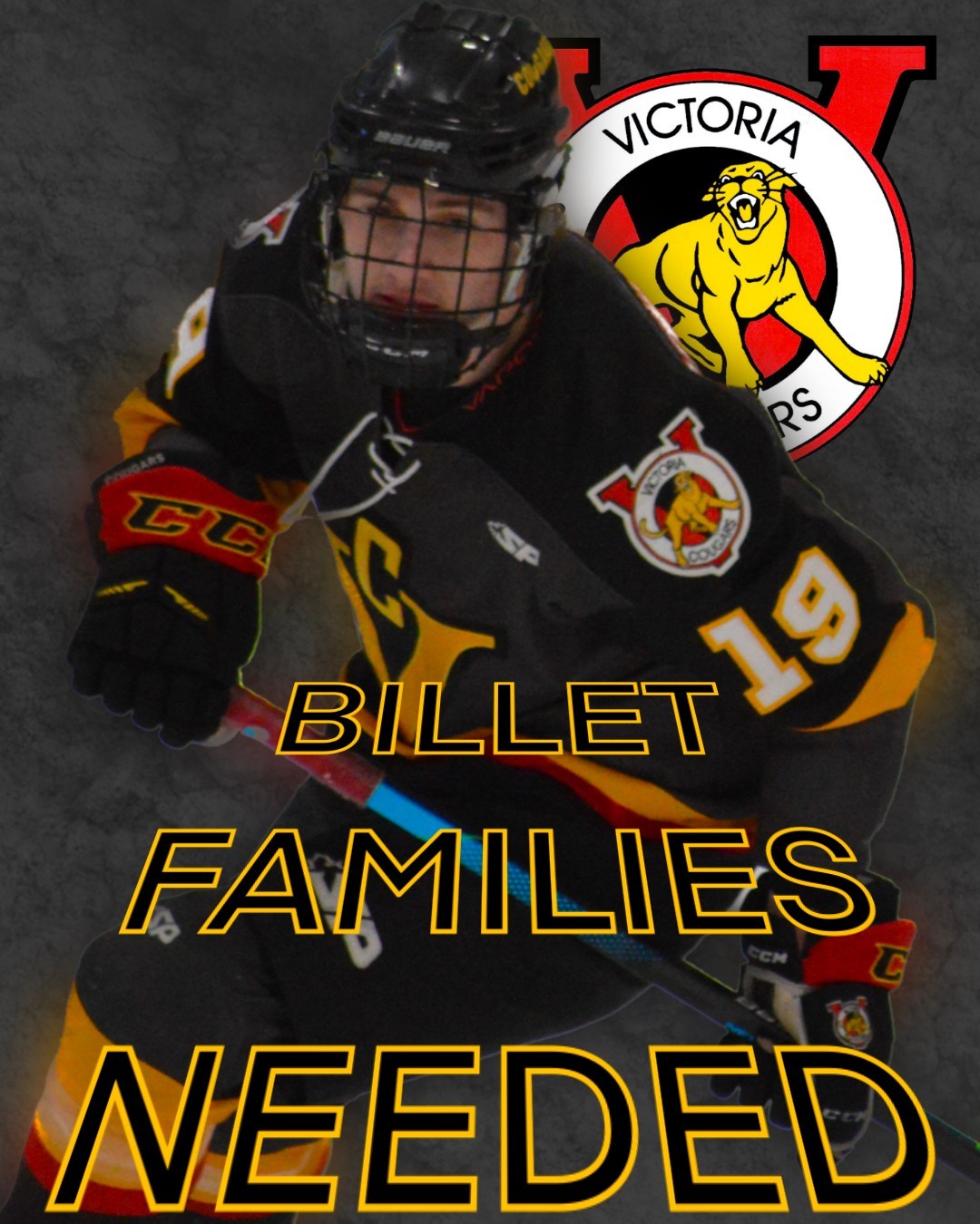 The Victoria Cougars are looking for billet homes for the upcoming Season!

Our players will be in need of homes from the end of August through the end of the season.

Please contact Tom Arlidge @ 250-882-9872 or by email tom.a@shaw.ca for more information.