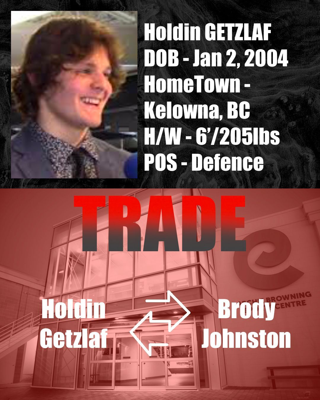 TRADE ALERT! The Cougars have traded Brody Johnston to the Kamloops Storm in exchange for ‘04 D-man Holdin Getzlaf and a PDF. Good luck to Brody as he moves for work, and welcome to the club Holdin!